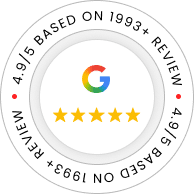 Google logo above five gold stars, surrounded by text stating "4.9/5 based on 1993+ reviews" in a circular border.