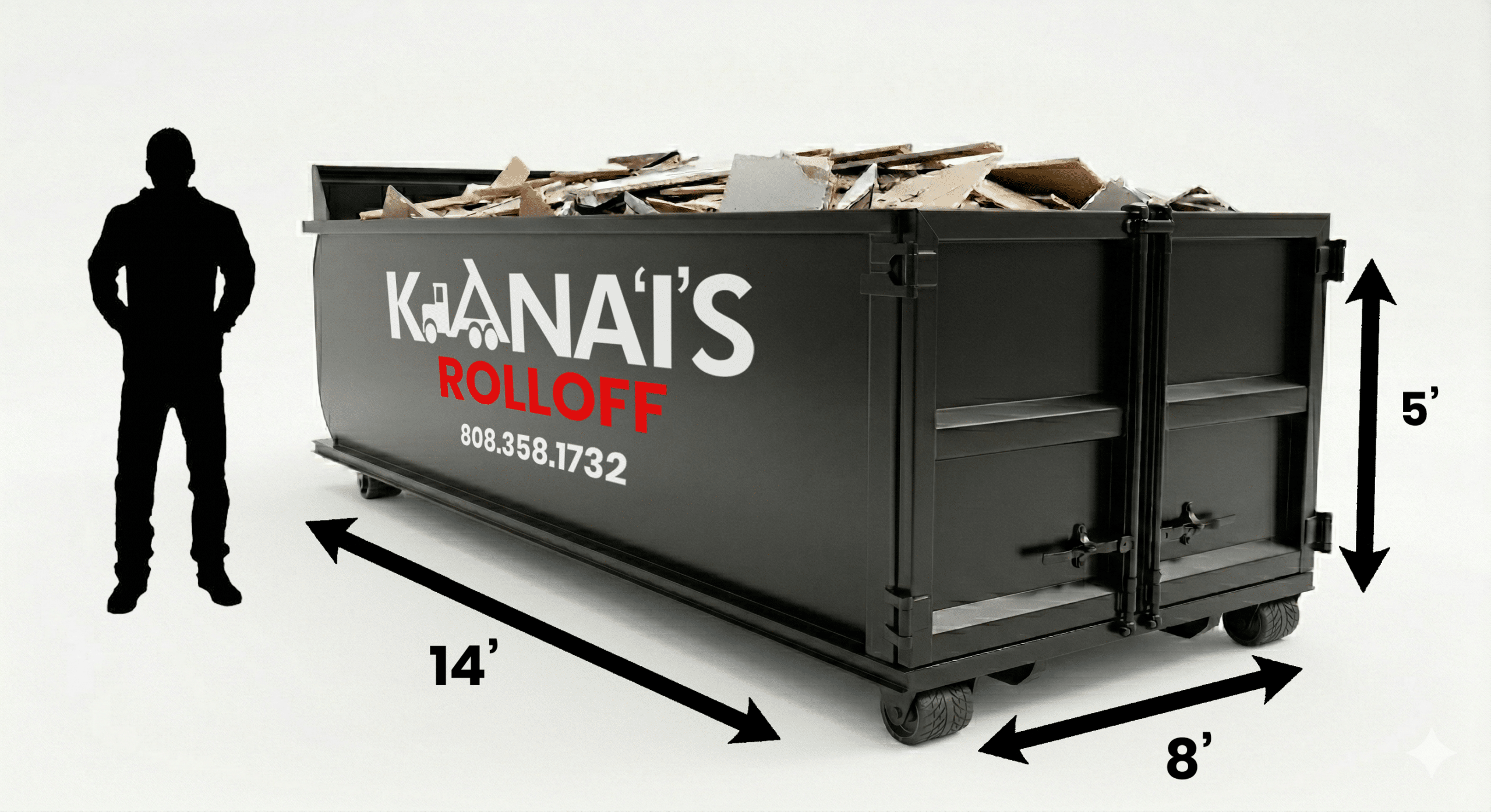 A large black dumpster labeled "Kaina's Rolloff" with debris inside, measuring 14 feet long, 8 feet wide, and 5 feet high; a human silhouette stands beside it for scale.