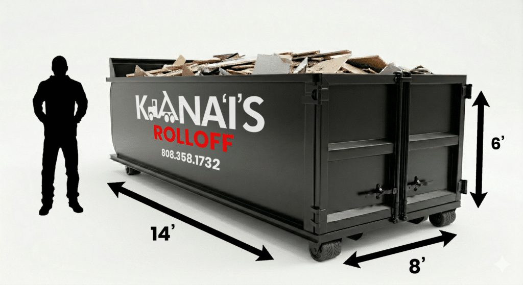 A large black dumpster labeled "Kanai's Rolloff" sits beside a human silhouette for scale, with dimensions marked as 14 feet long, 8 feet wide, and 6 feet tall.