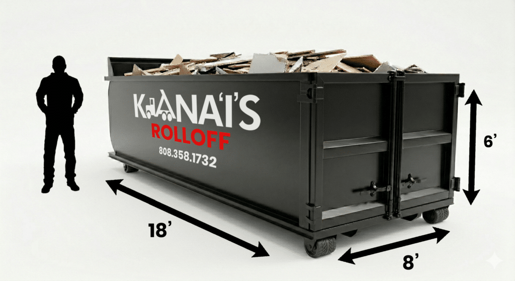 A large black dumpster labeled "Kauai's Rolloff" filled with debris sits next to a human silhouette, showing dimensions of 18 feet long, 8 feet wide, and 6 feet tall.