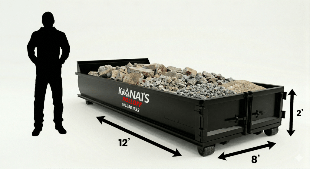 A black 12’x8’x2’ dumpster filled with mixed debris is shown next to a person for scale; the dumpster reads “Kanaai’s Roll Off”.