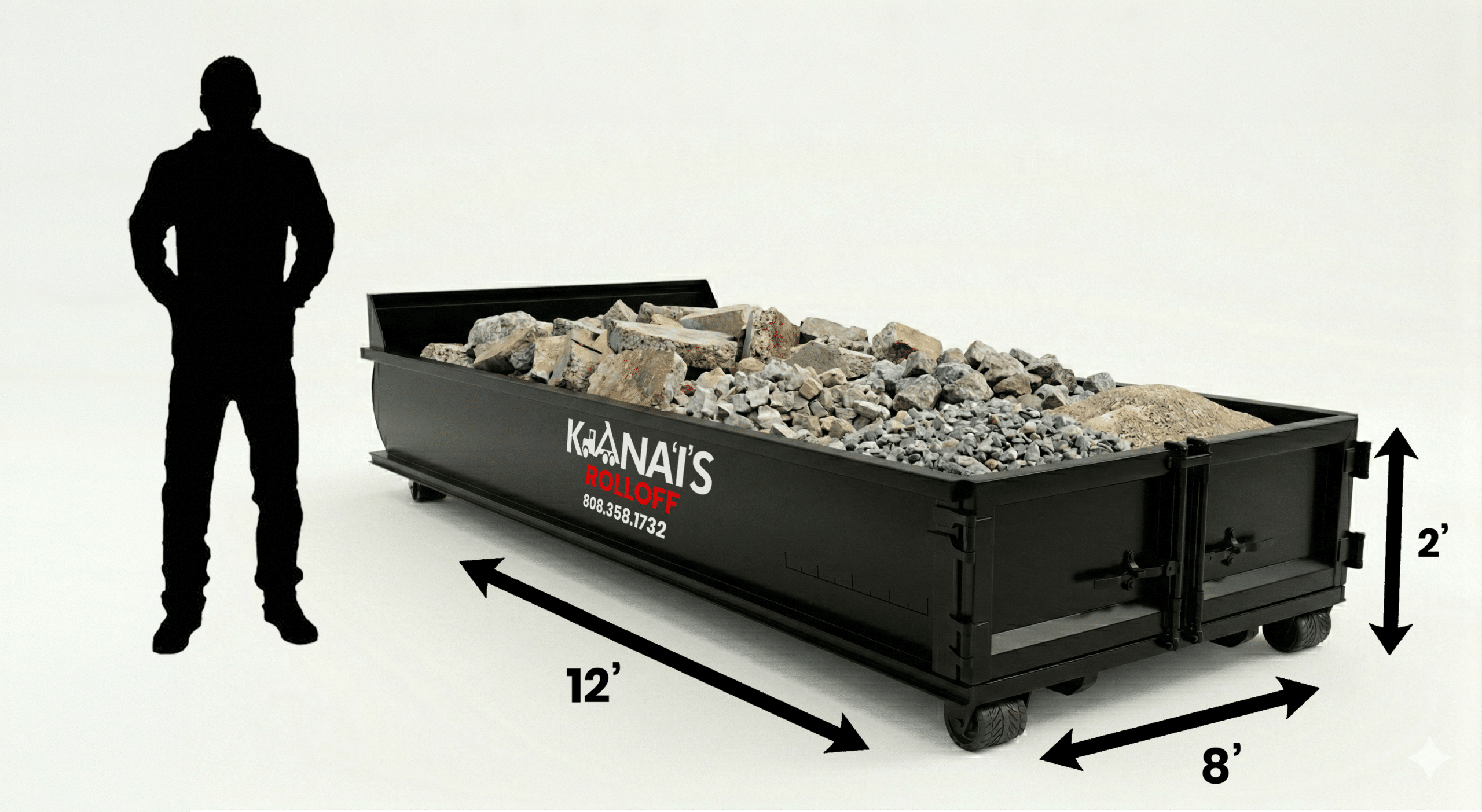 A black 12’x8’x2’ dumpster filled with mixed debris is shown next to a person for scale; the dumpster reads “Kanaai’s Roll Off”.