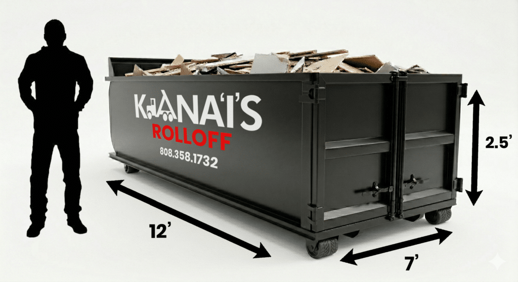 A large black dumpster filled with debris measures 12 feet long, 7 feet wide, and 2.5 feet tall. A human silhouette stands nearby for scale. The side reads "Kana'i's Rolloff" with a phone number.