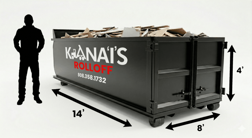 A black 15 Yard Dumpster labeled "KANAI'S ROLLOFF," filled with debris, sits next to a silhouette for scale, showing dimensions: 14 feet long, 8 feet wide, and 4 feet high.